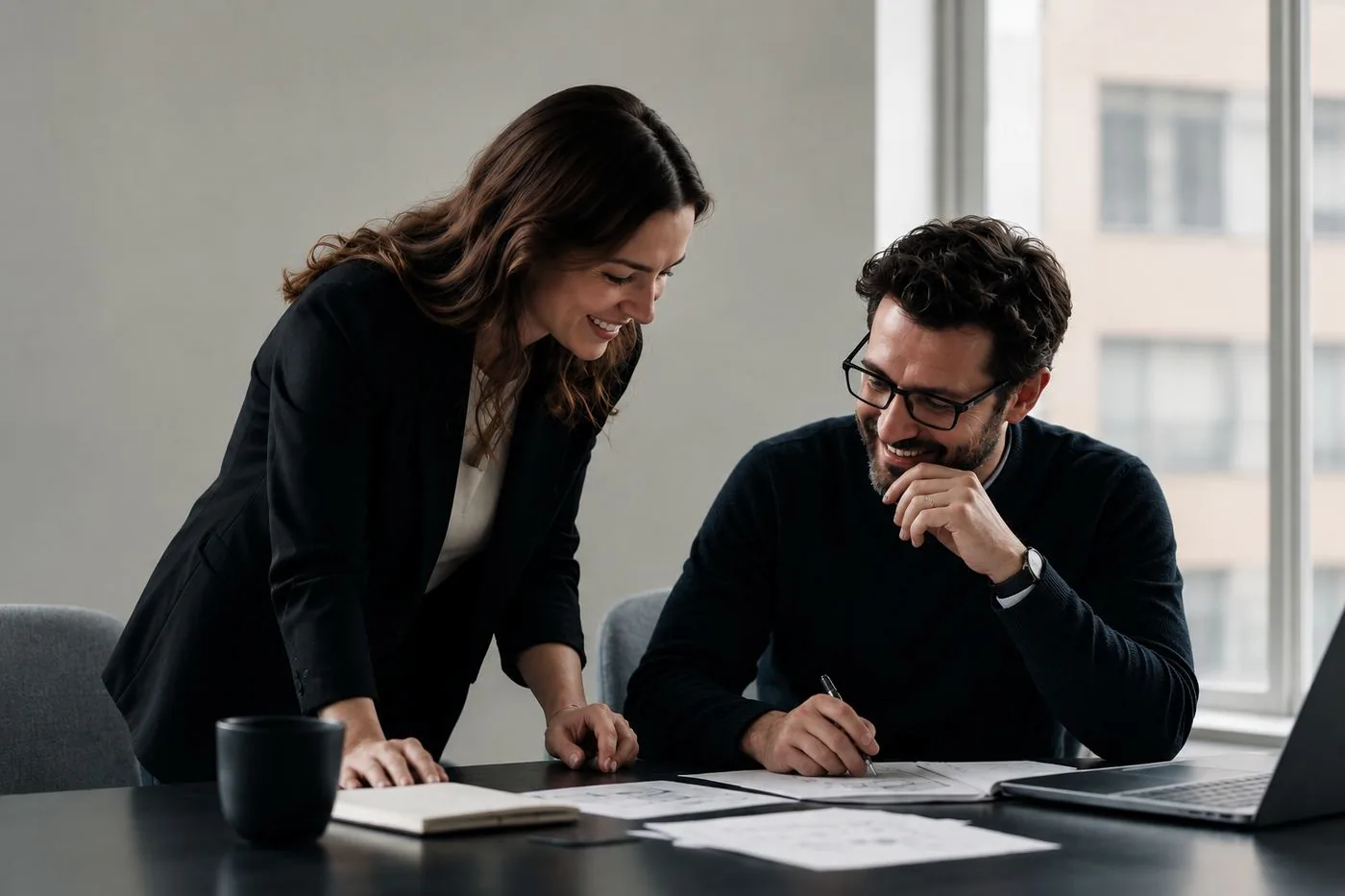 Two Calptic engineers reviewing cluster layout sketches